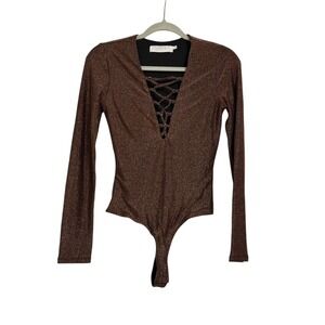 ASTR Lace up‎ Metallic Bodysuit Black Bronze Sparkle New Year Holiday Medium